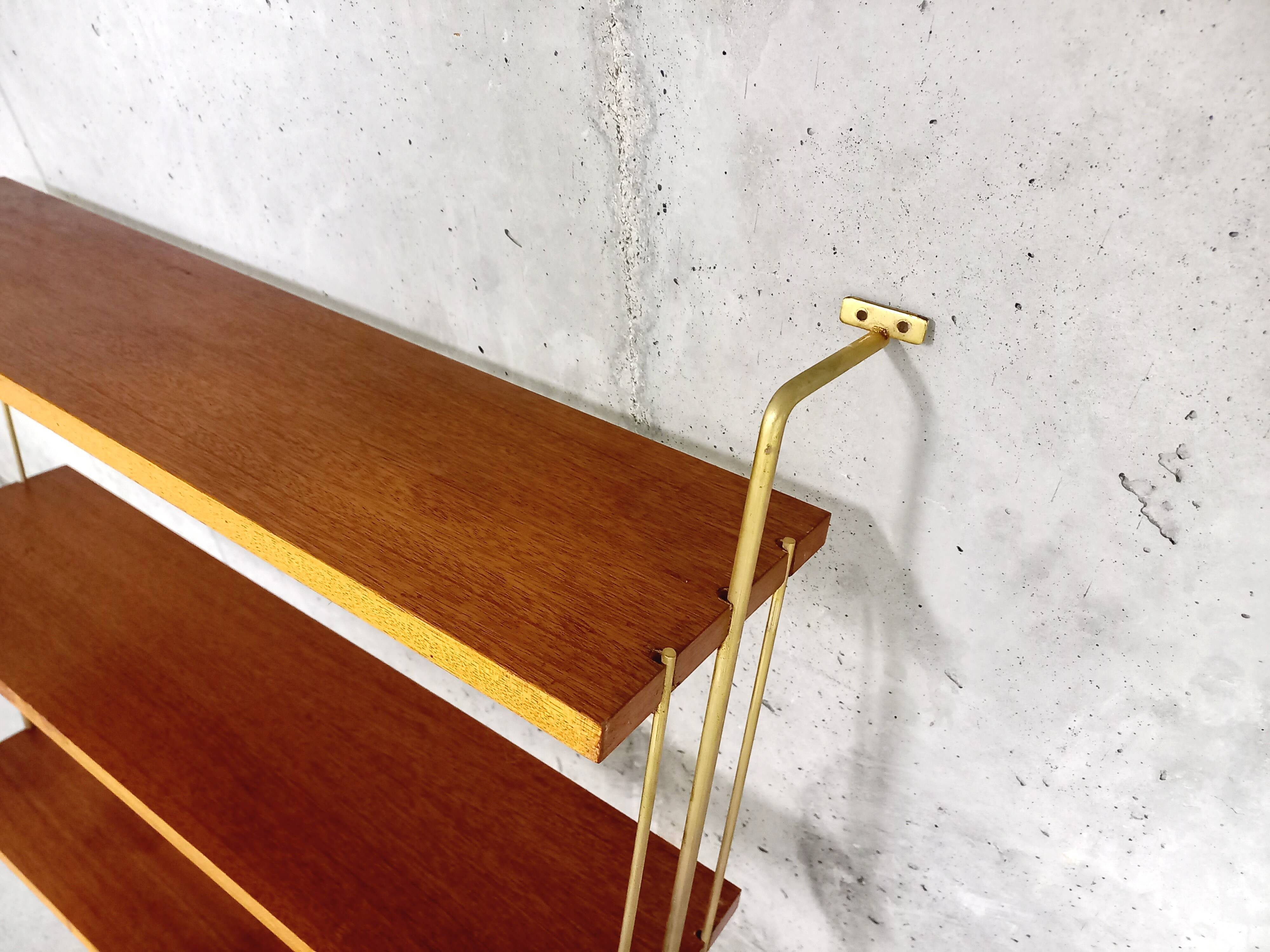 Vintage wall shelf in teak and golden brass String Tomado style