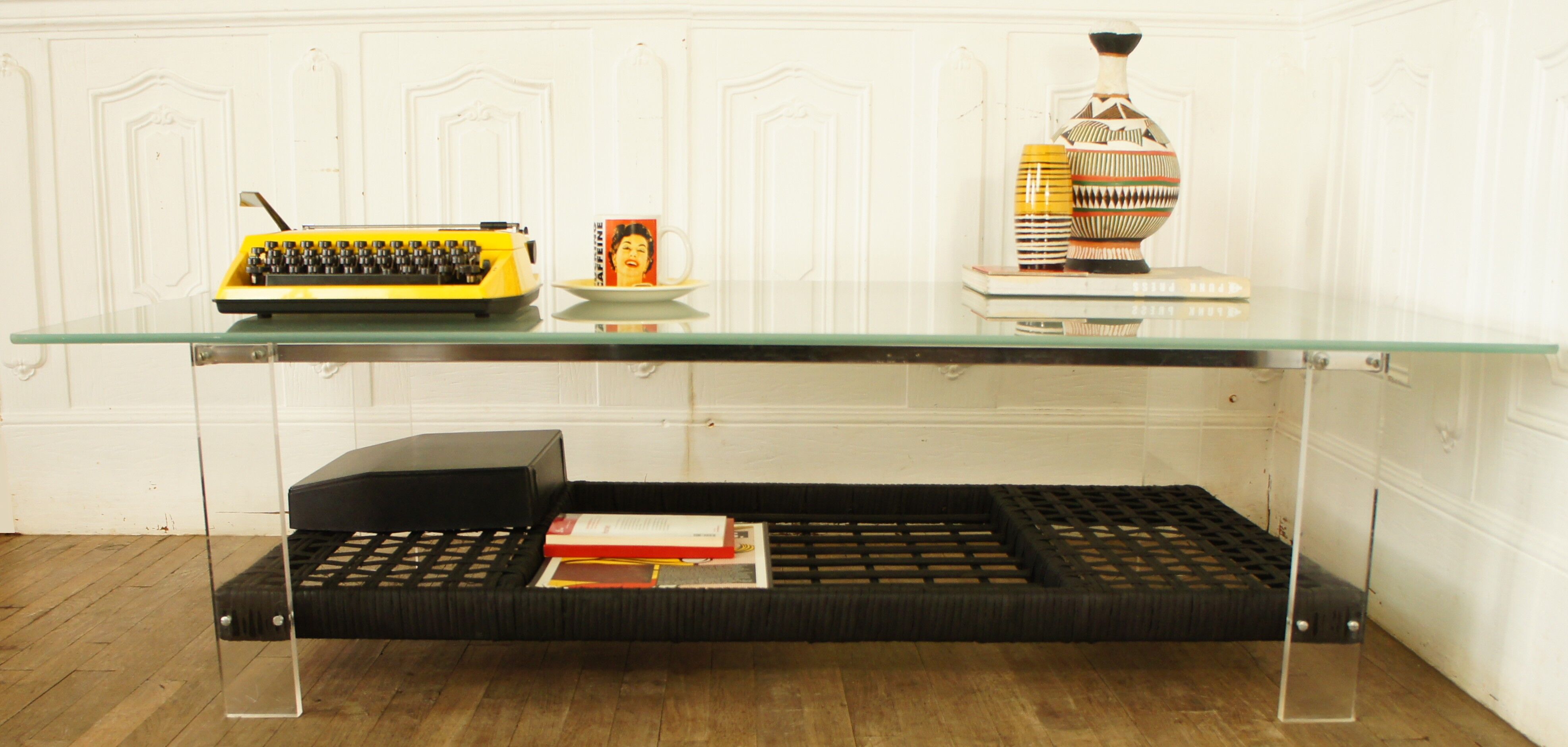 Rattan coffee table, plexiglass, frosted glass - chrome