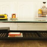 Rattan coffee table, plexiglass, frosted glass - chrome