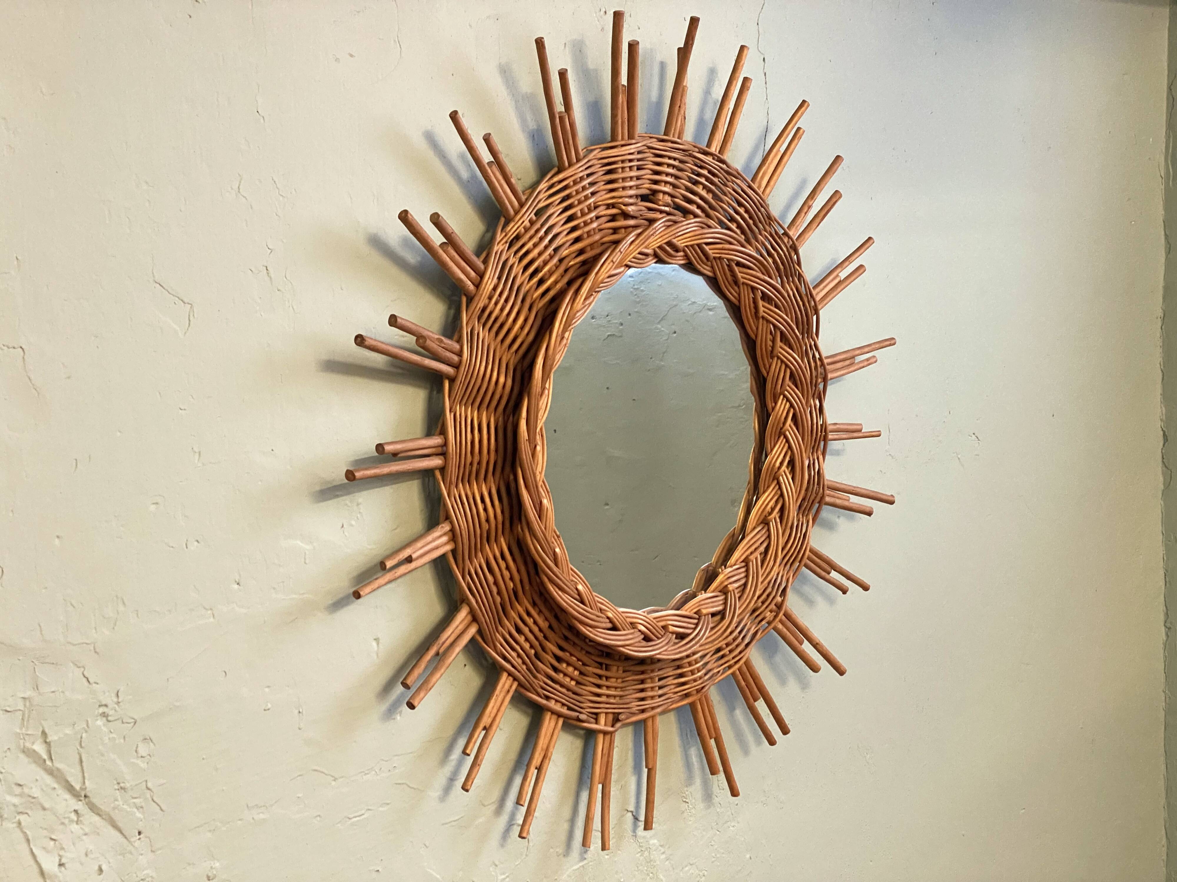 Large vintage mirror in rattan 60s bamboo wicker