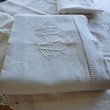 Ensemble ancien drap plat et 2 taies d'oreiller