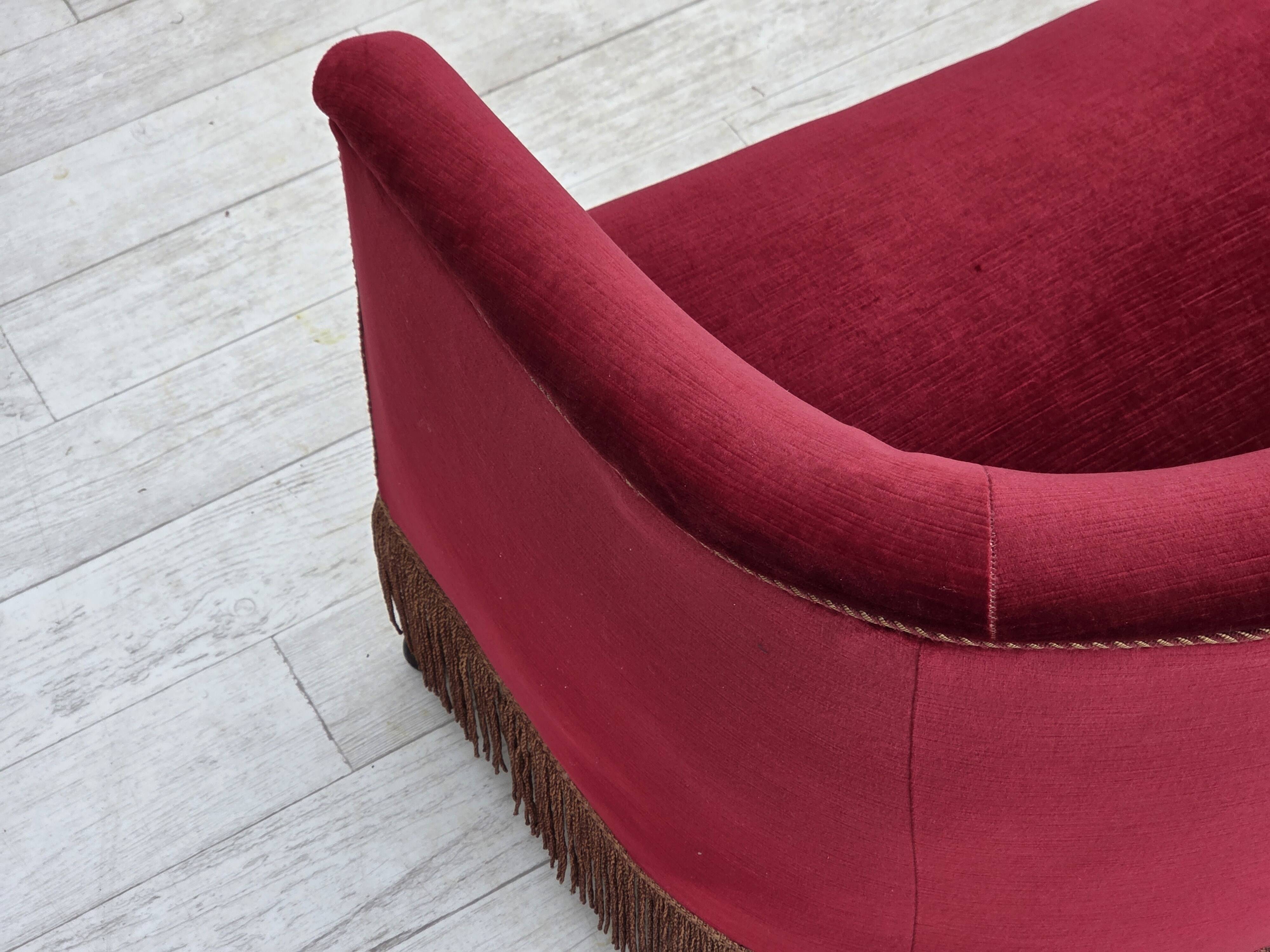 1960s, Danish 2-seater sofa, red furniture velour, ash wood legs.