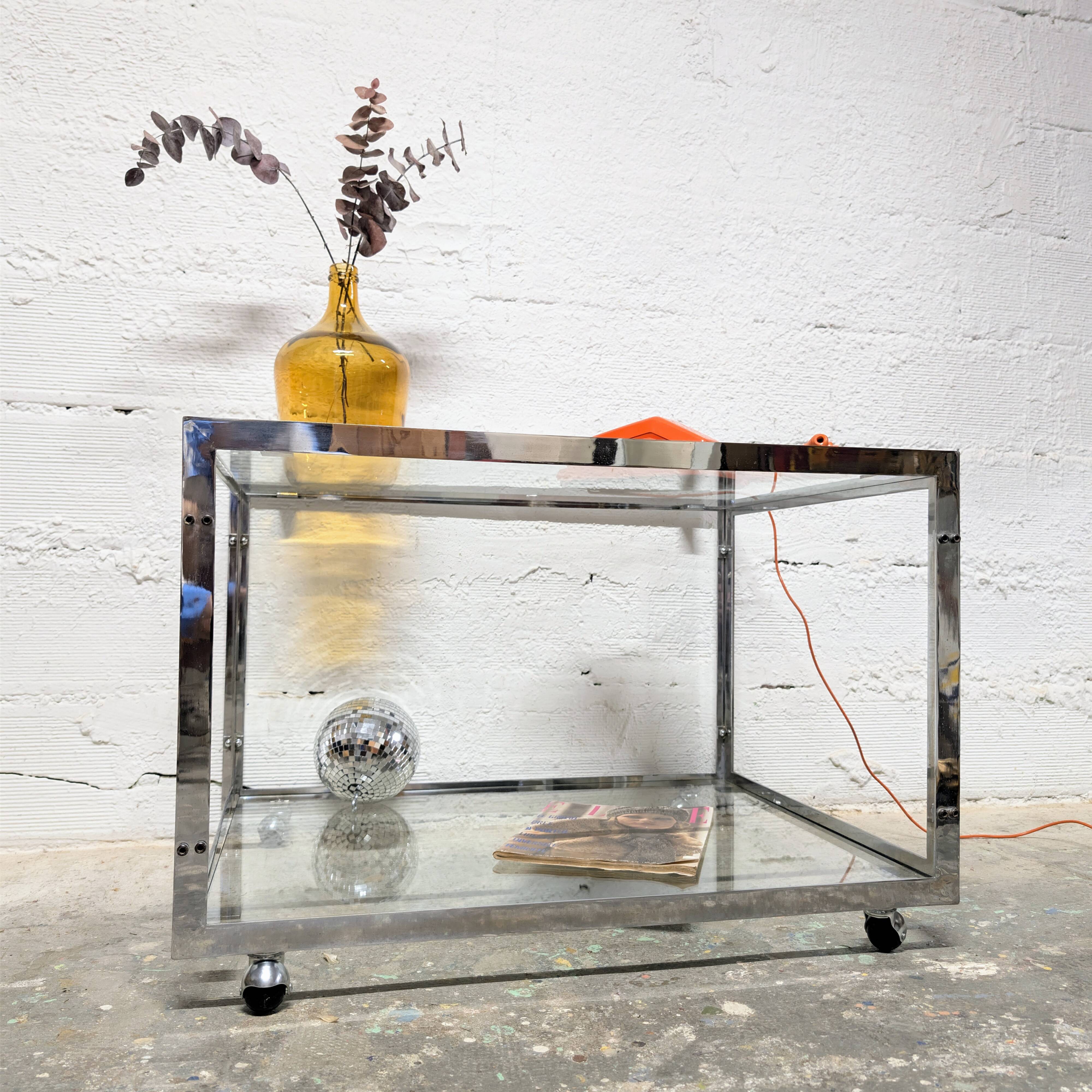 Table basse vintage chrome & verre Années 70