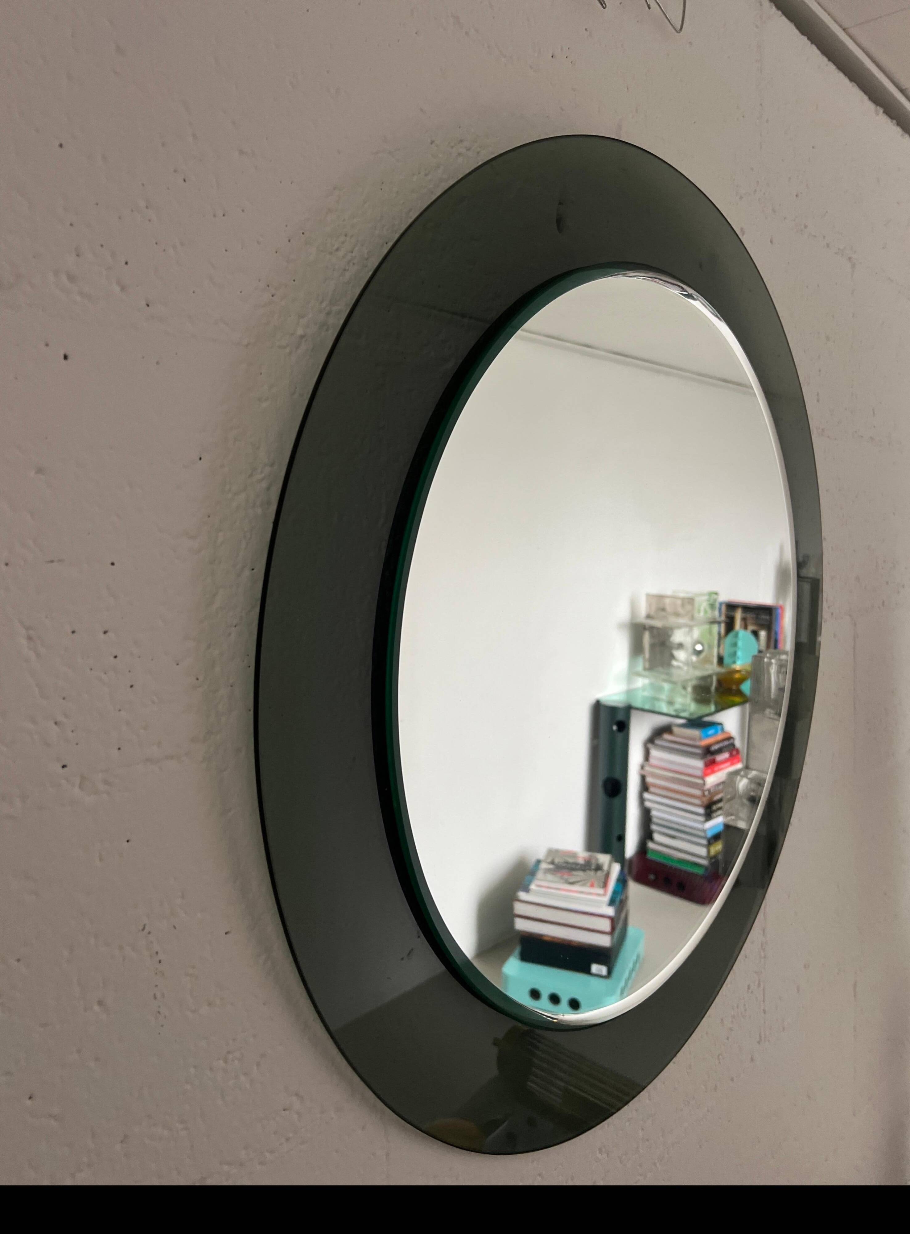 Decorative round wall mirror in smoked glass, Space Age Italian collectible