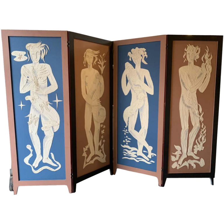 Claustra Expressionist screen " 4 Seasons & 4 Elements ", figurative painting, ca 1940