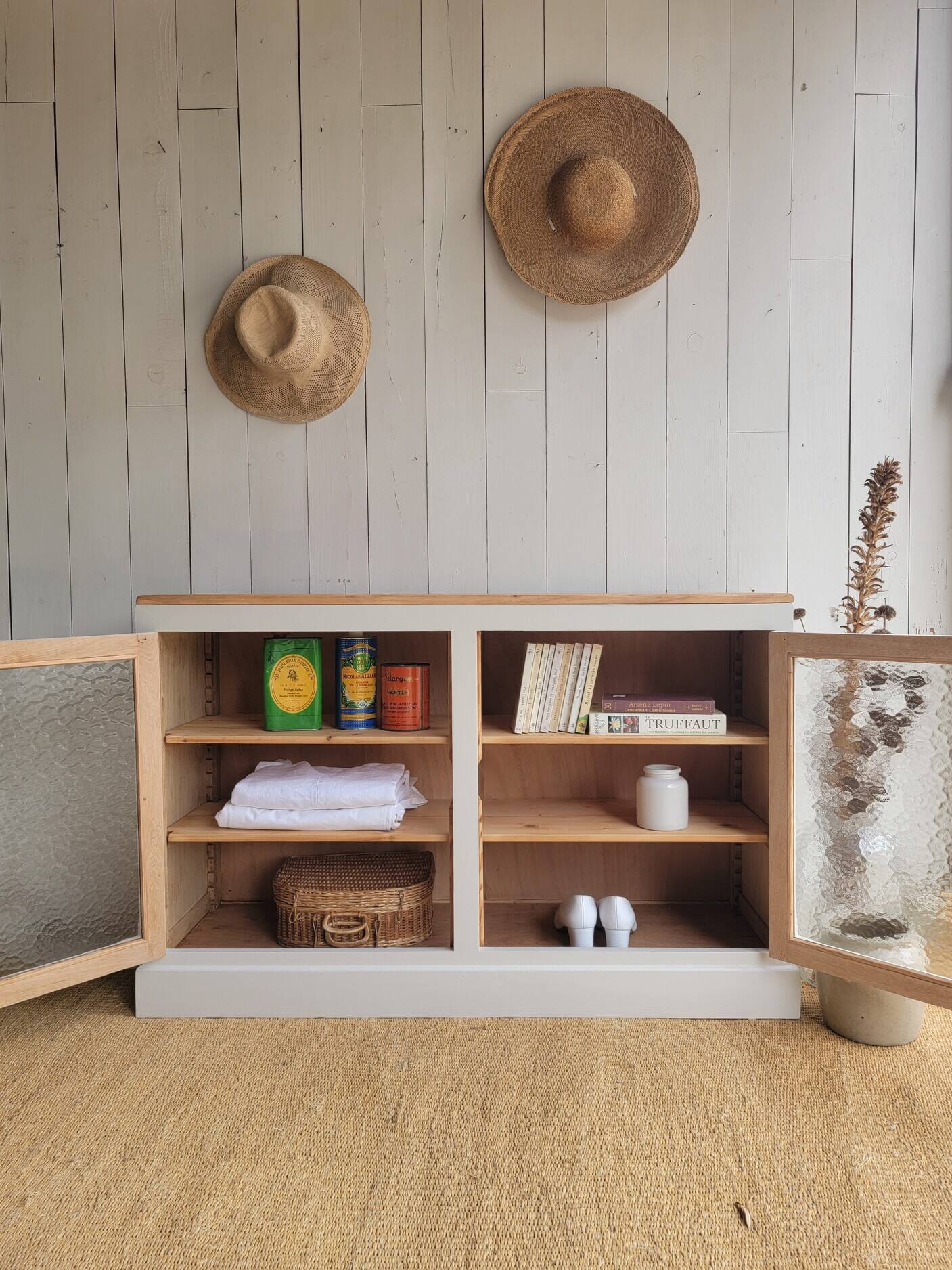 Beige glass and wood sideboard