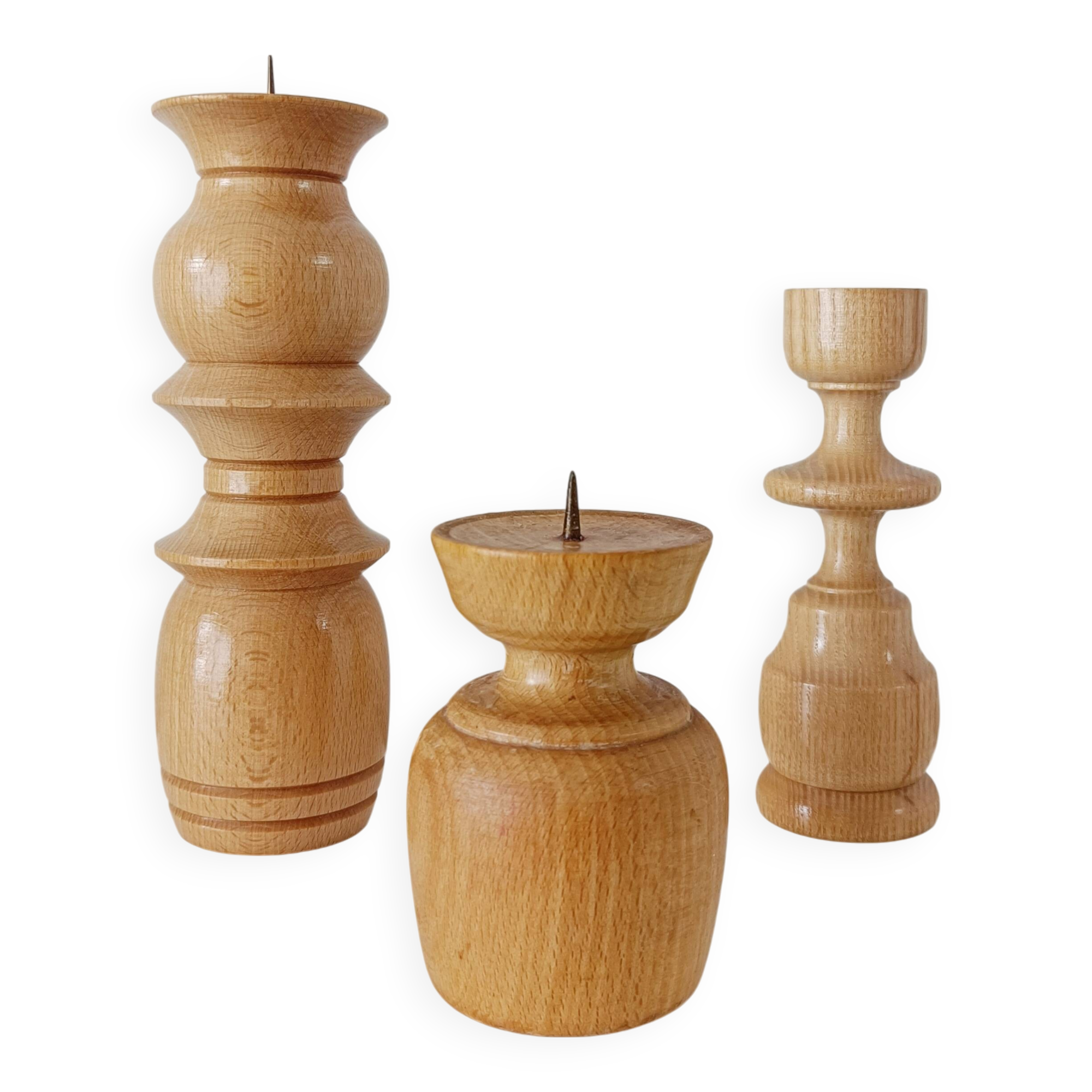 Set of 3 Scandinavian turned wooden candle holders