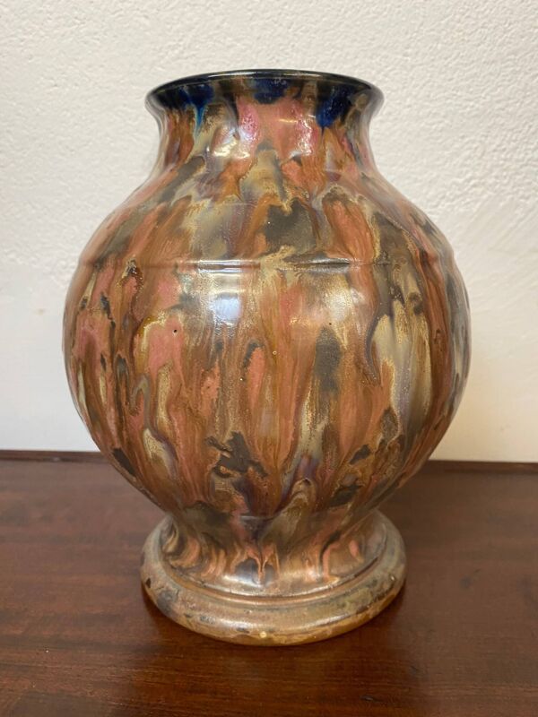 Vase en gres ceramique signé renault argent gres emaille polychrome