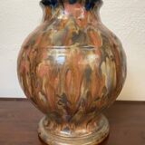 Vase en gres ceramique signé renault argent gres emaille polychrome