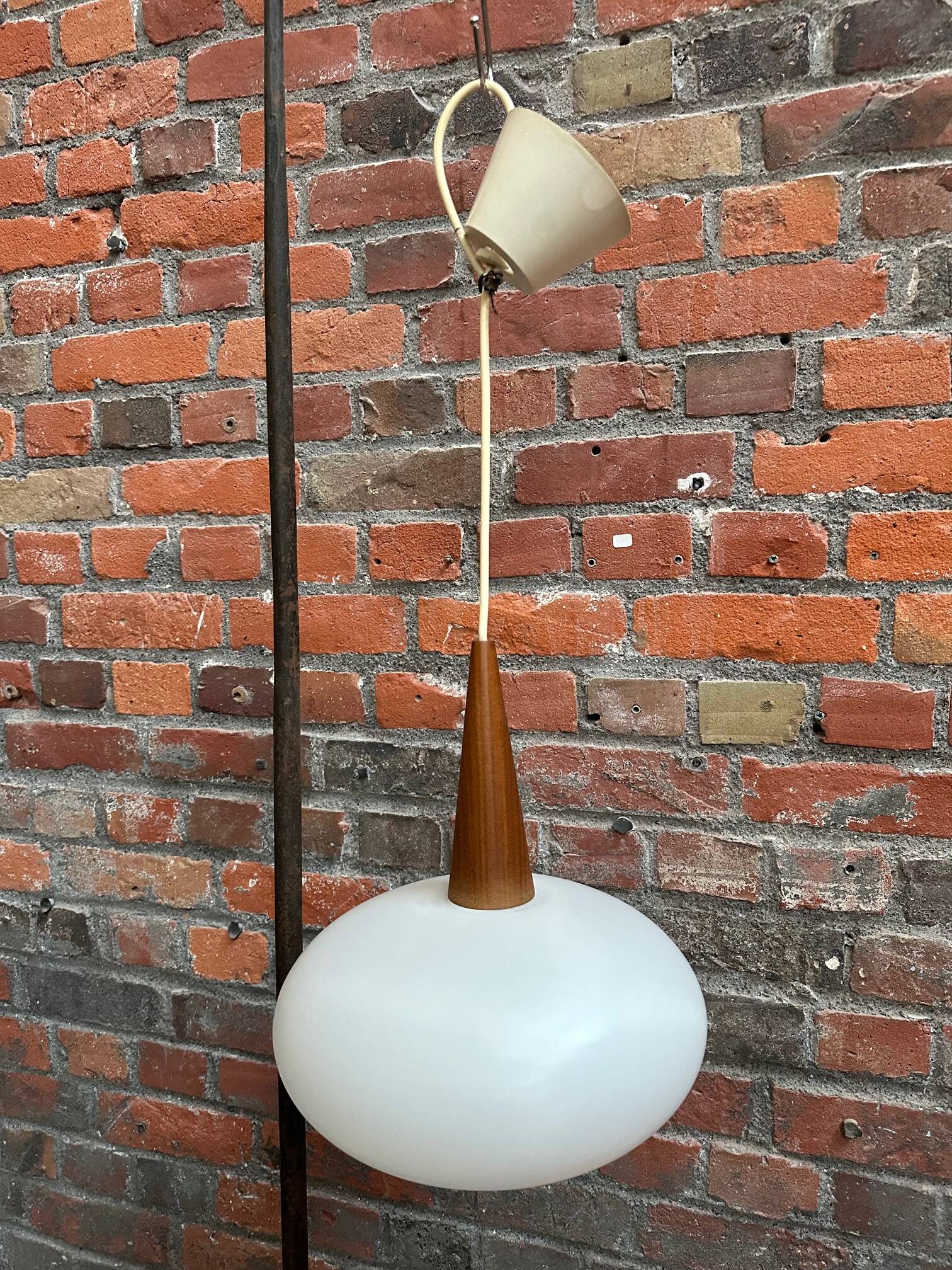 Louis Kalff opaline and teak suspension