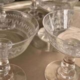 Baccarat, set of 10 engraved crystal champagne glasses from 1900.