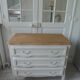 Vintage chest of drawers with pearl gray patina and waxed finish, 3 drawers, wooden top.
