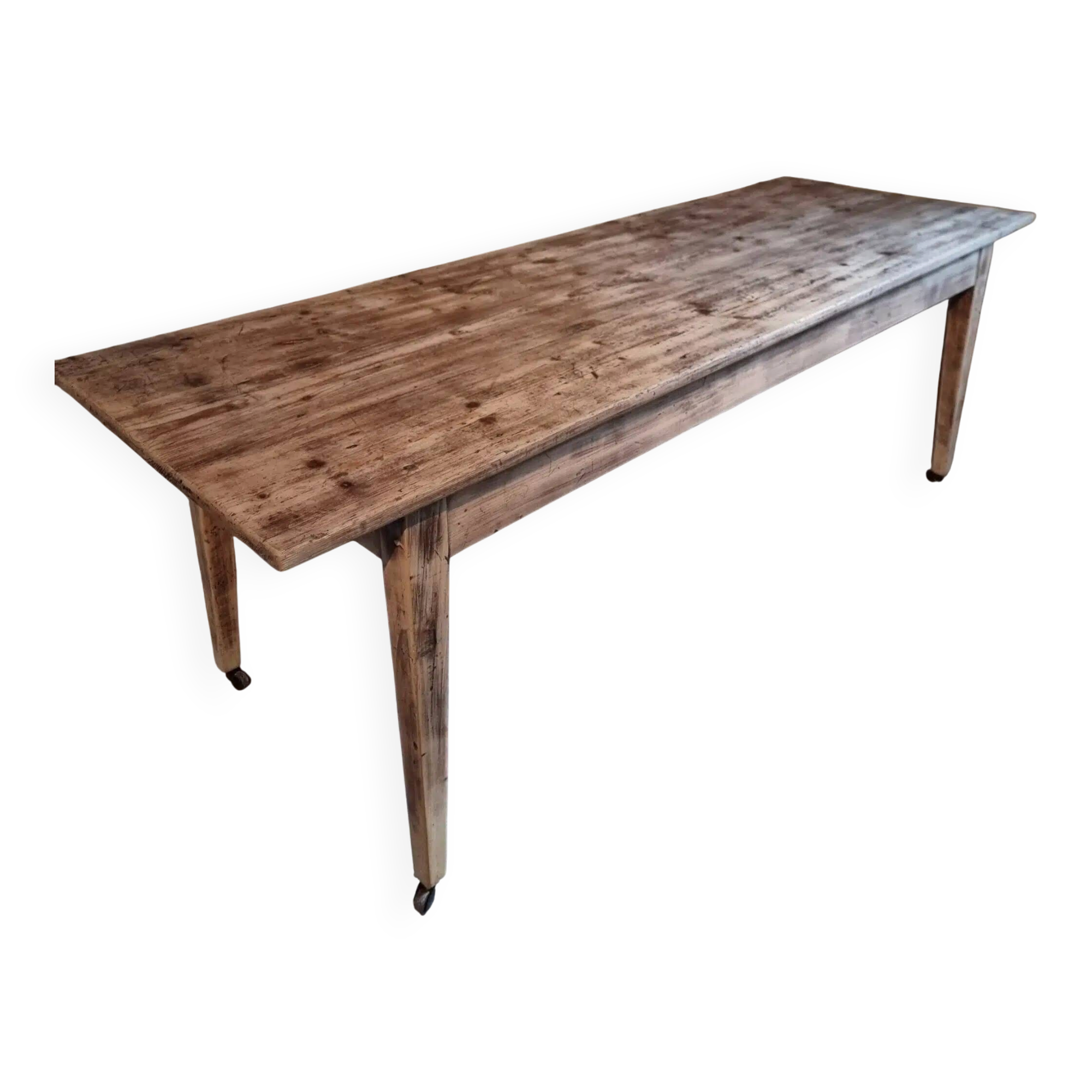 Antique French pine dining table, large farmhouse table on wheels, 19th century.