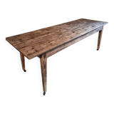 Antique French pine dining table, large farmhouse table on wheels, 19th century.