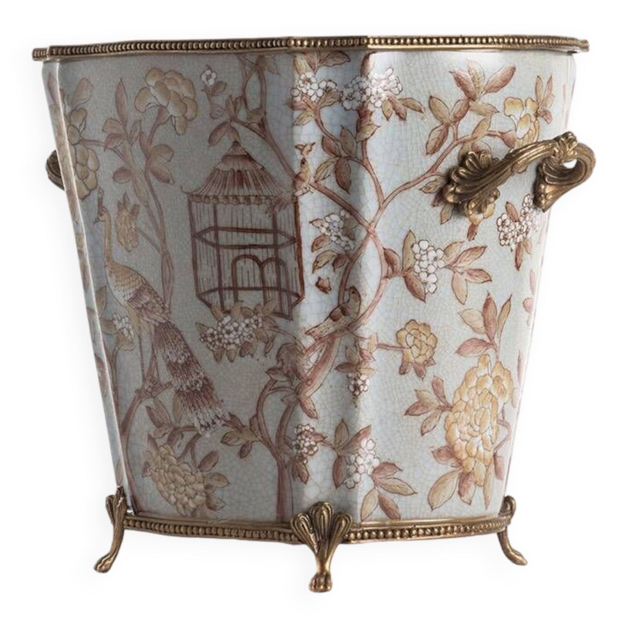 High peacock porcelain and bronze flowerpot