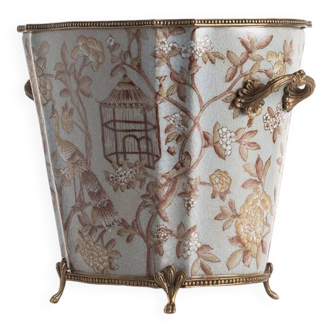 Cache pot haut paon porcelaine et bronze