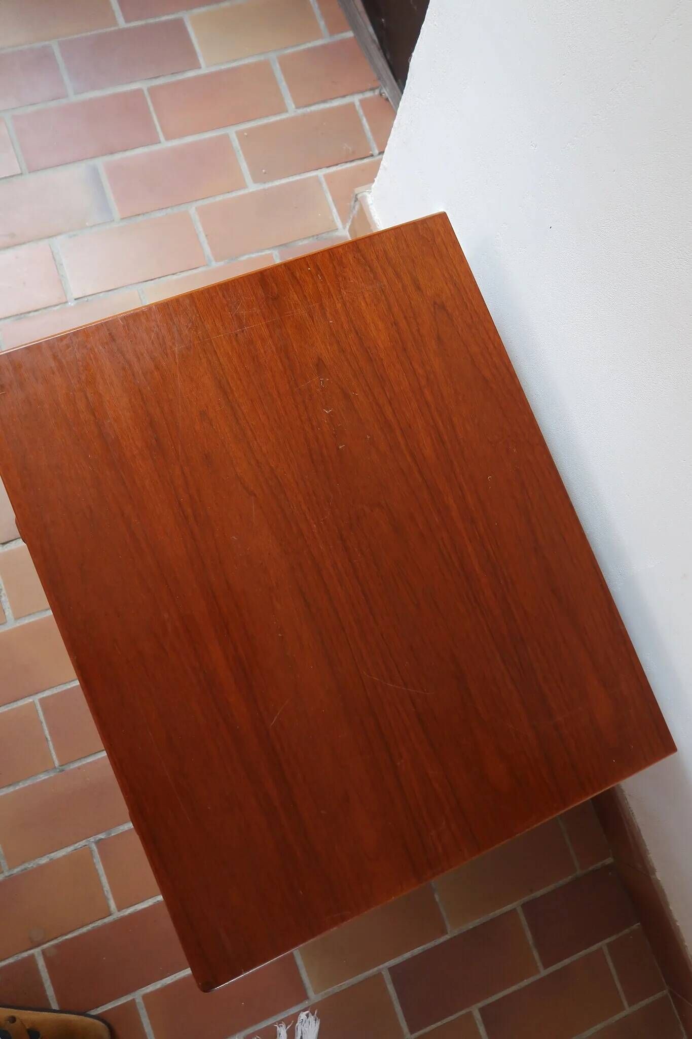 Small piece of furniture with 2 drawers in teak, bedside table or end table.
