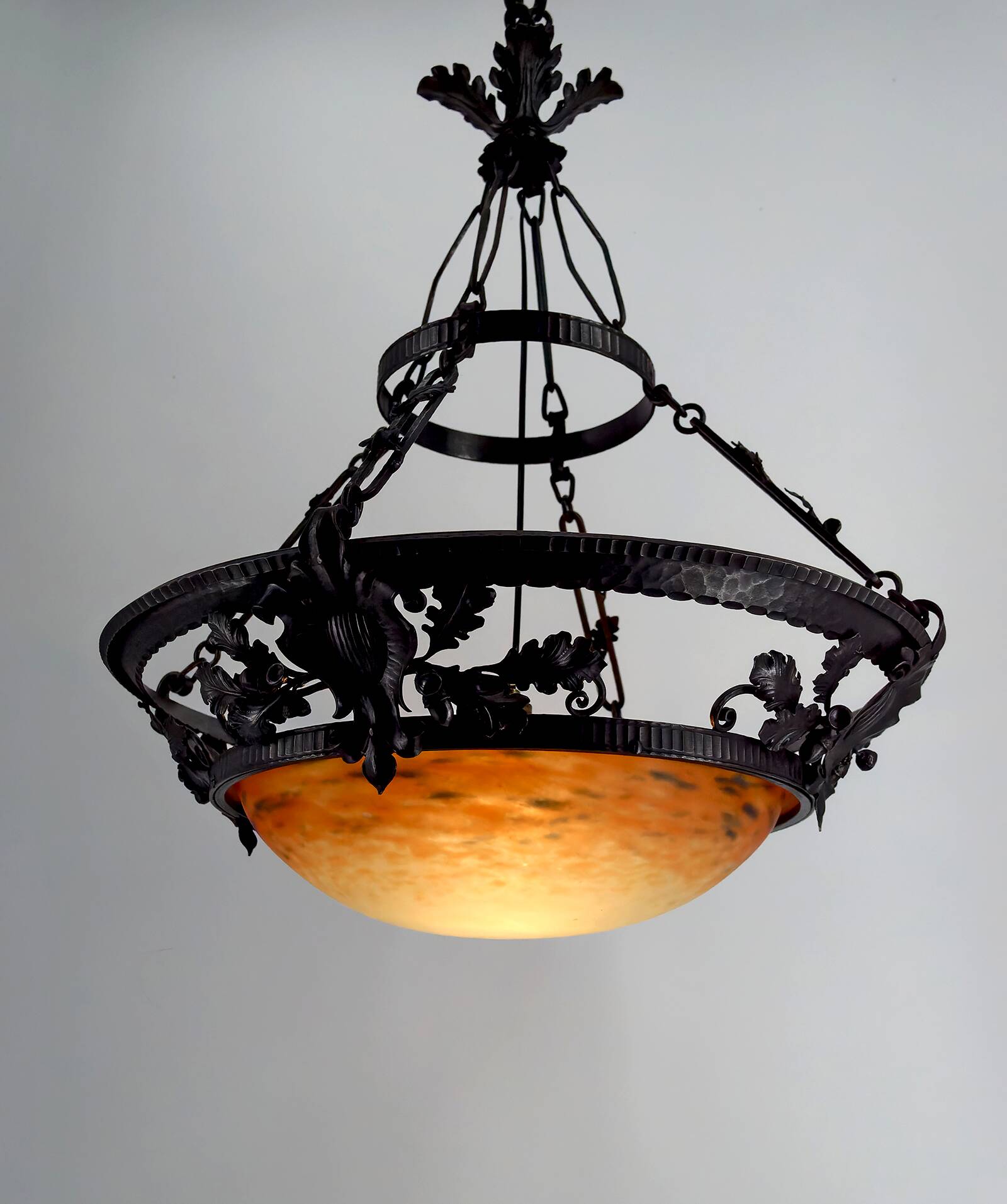 Wrought Iron and Glass Paste Pendant Light, Art Nouveau / Art Deco, Early 20th Century