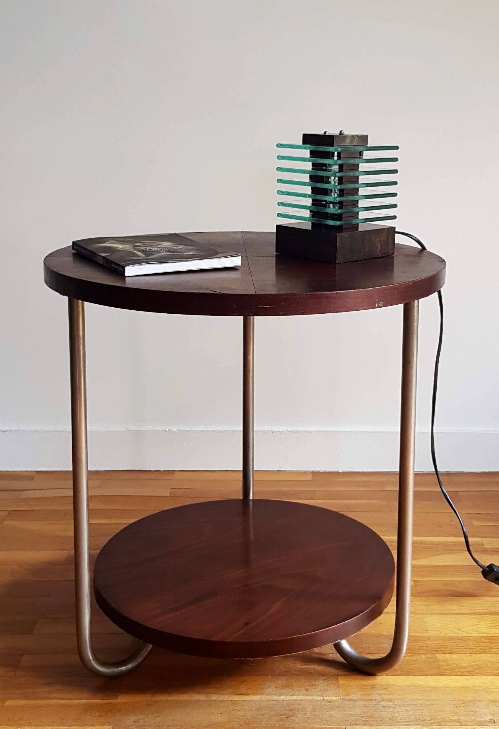 Table d'appoint art déco tripode bois et métal