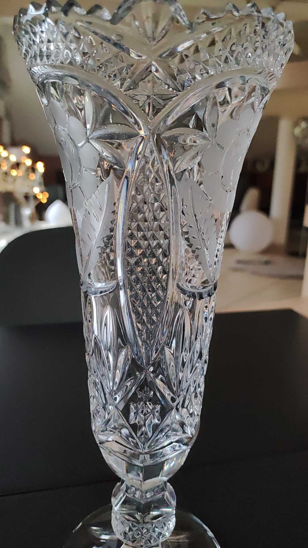 Vintage vase in stylish bohemian chic crystal, floral motifs, braces