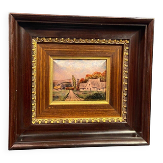 Emaux de Limoges miniature farmhouse painting signed ED Guitard