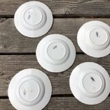 5 assiettes creuses Sarreguemines bord ondulé bleu fleurs blanches