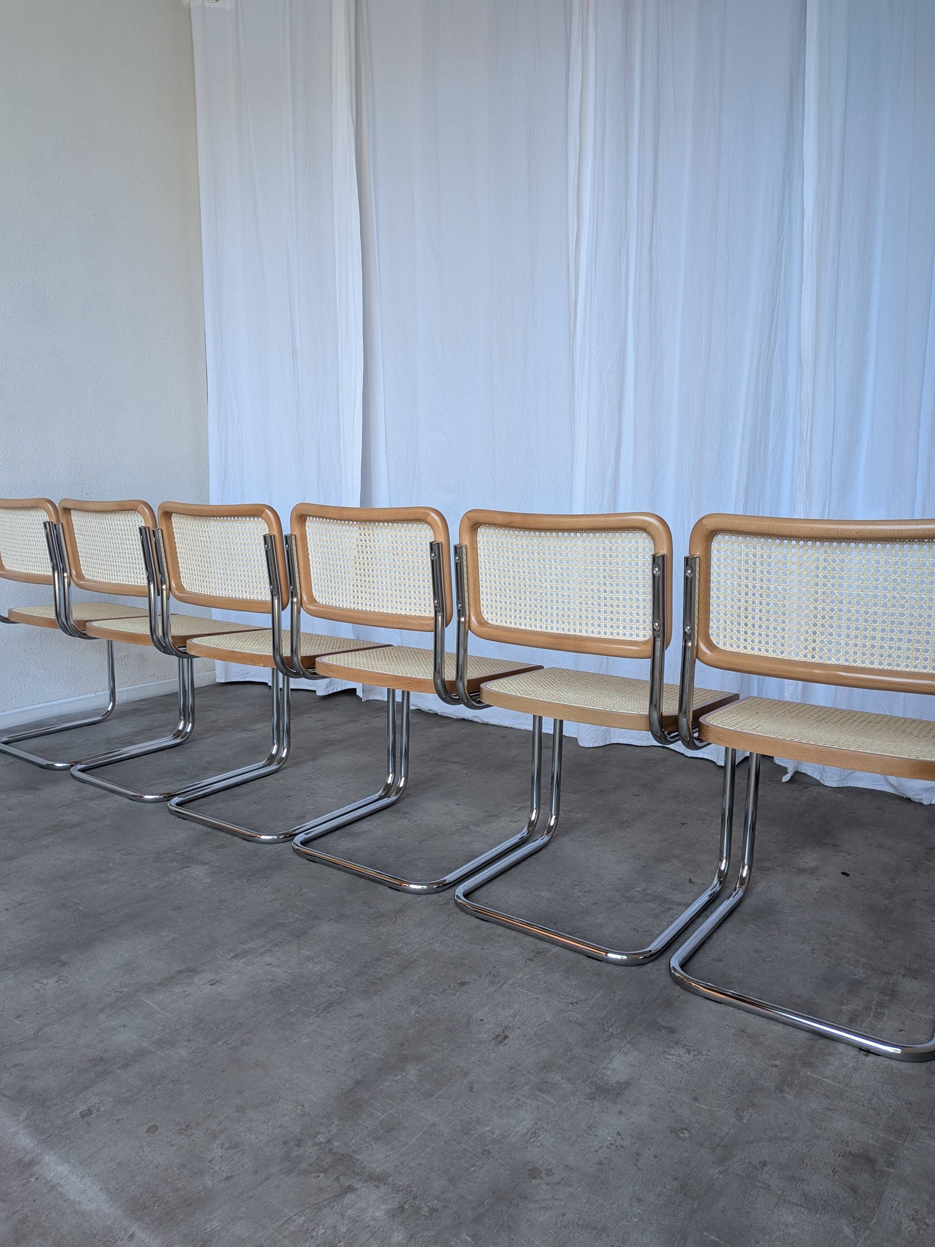 Ensemble de 6 chaises Cesca Design Marcel Breuer / Noyer clair, cannage, chrome, salle à manger