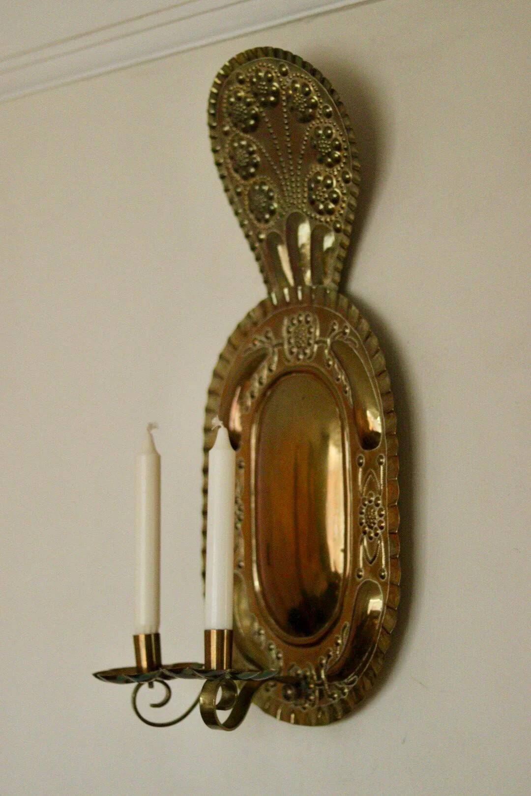X-large mid-century Swedish brass Baroque sconce with double arm design