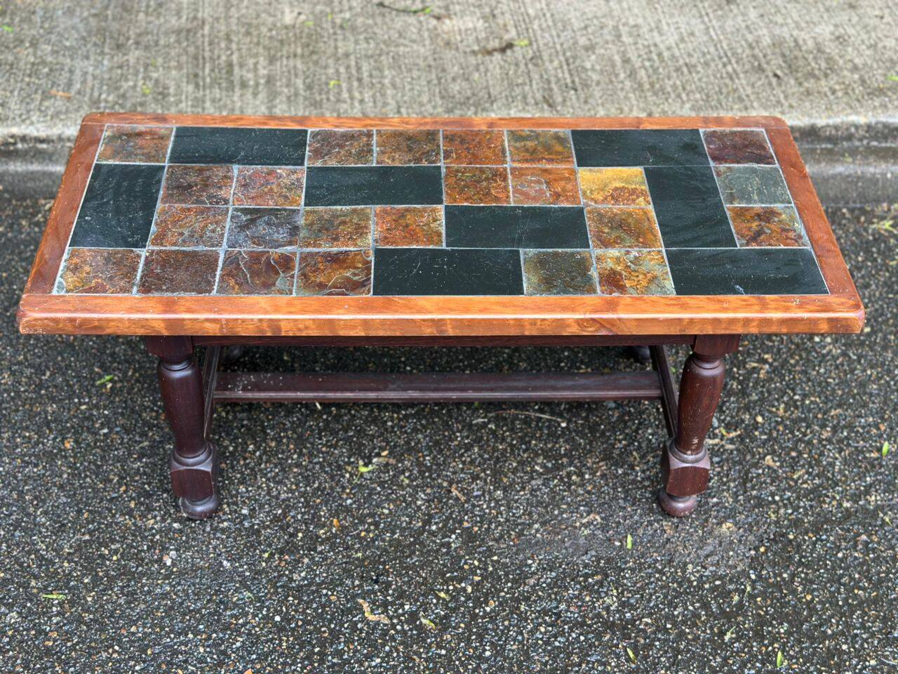 Rectangular coffee table made of solid wood and ceramic 1950