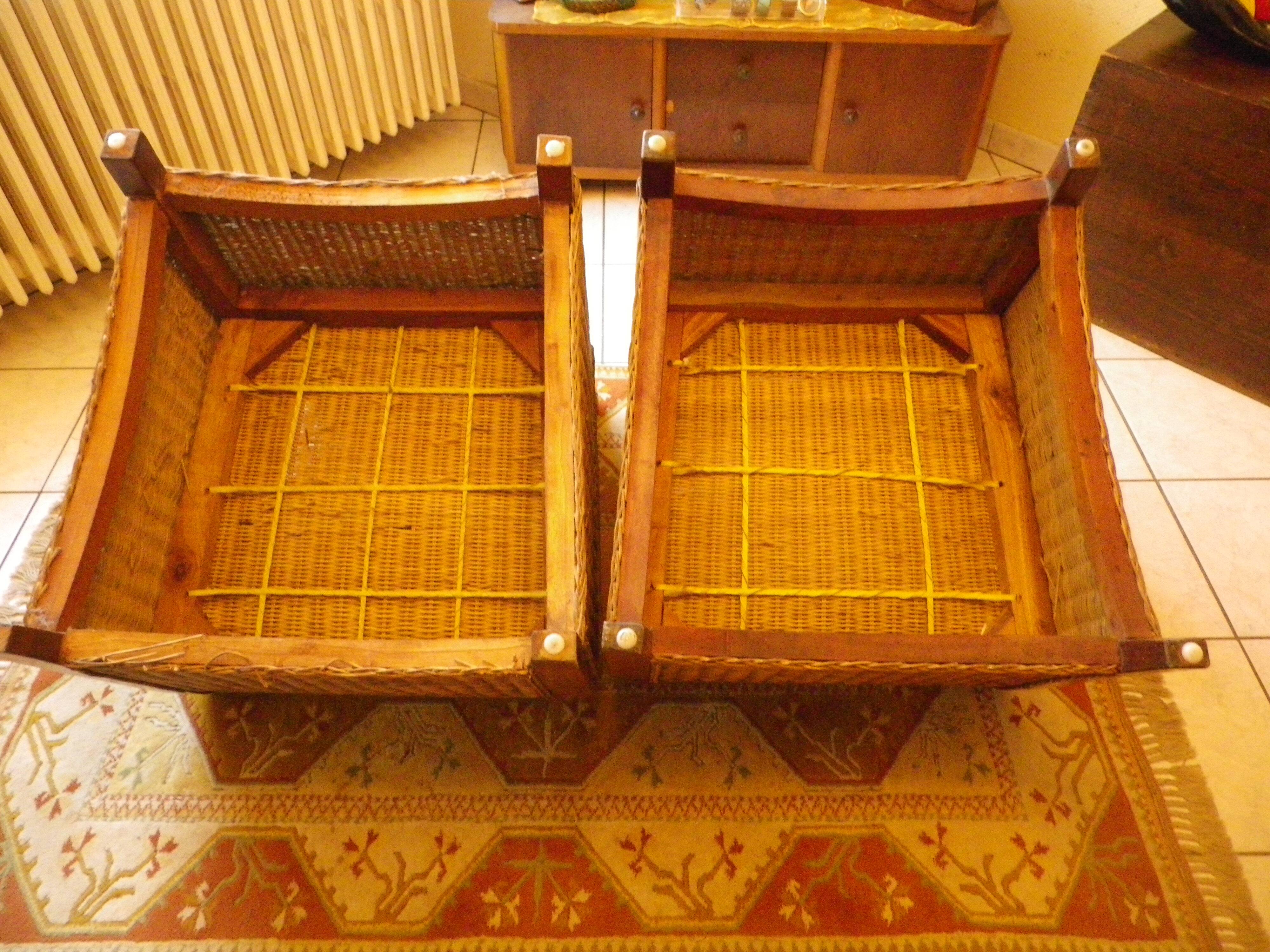 Pair of Club armchairs in ocean liner style, woven rattan and solid wood.