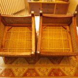 Pair of Club armchairs in ocean liner style, woven rattan and solid wood.