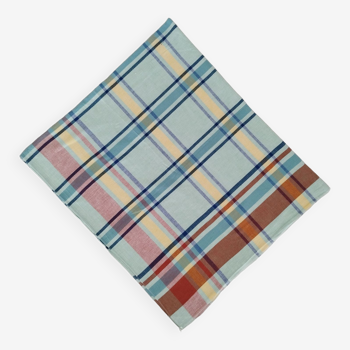 Blue cotton tablecloth with vintage multicolored checks and stripes