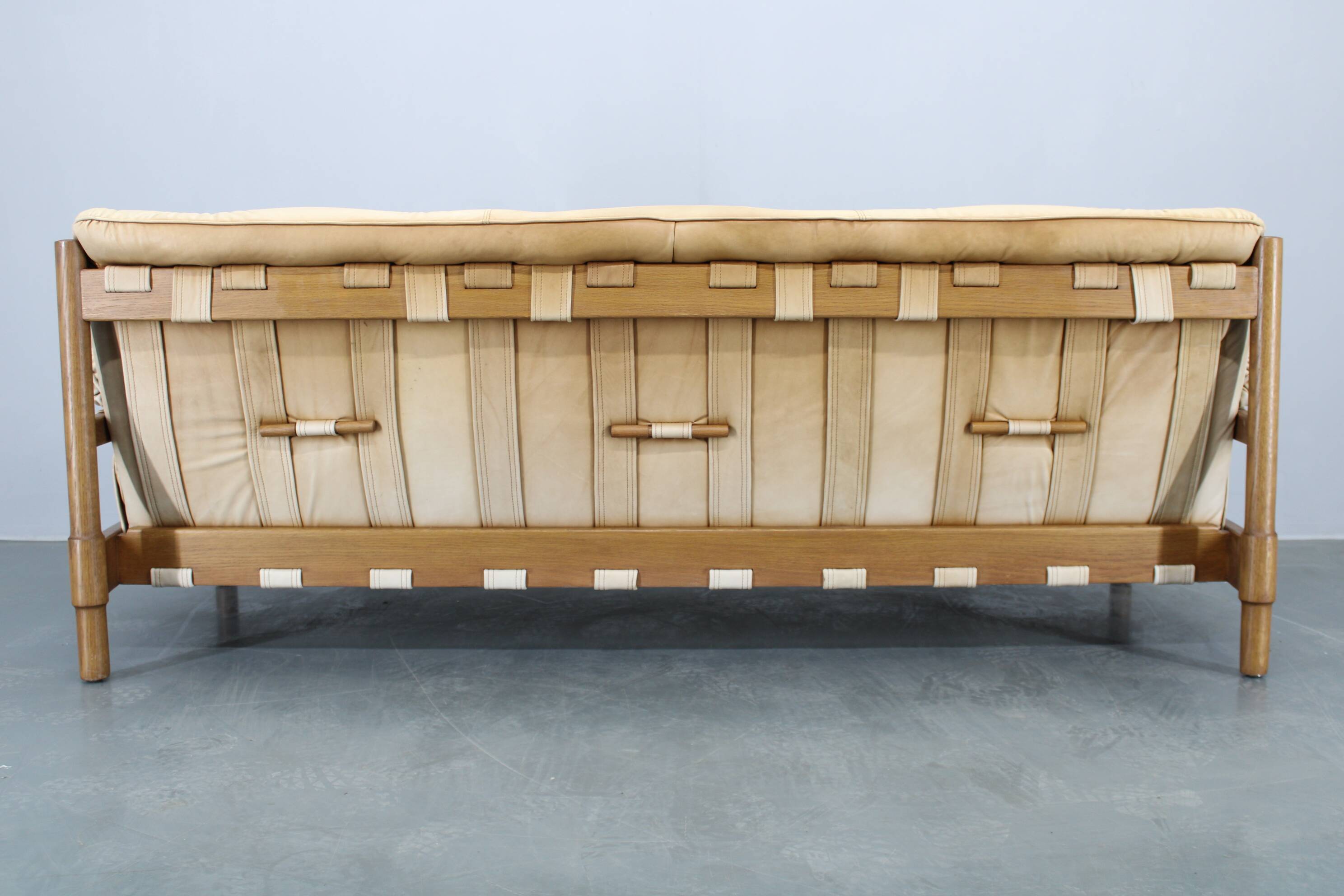 1960s Oak Scandinavian 3-Seater Sofa in Fine Leather Upholstery