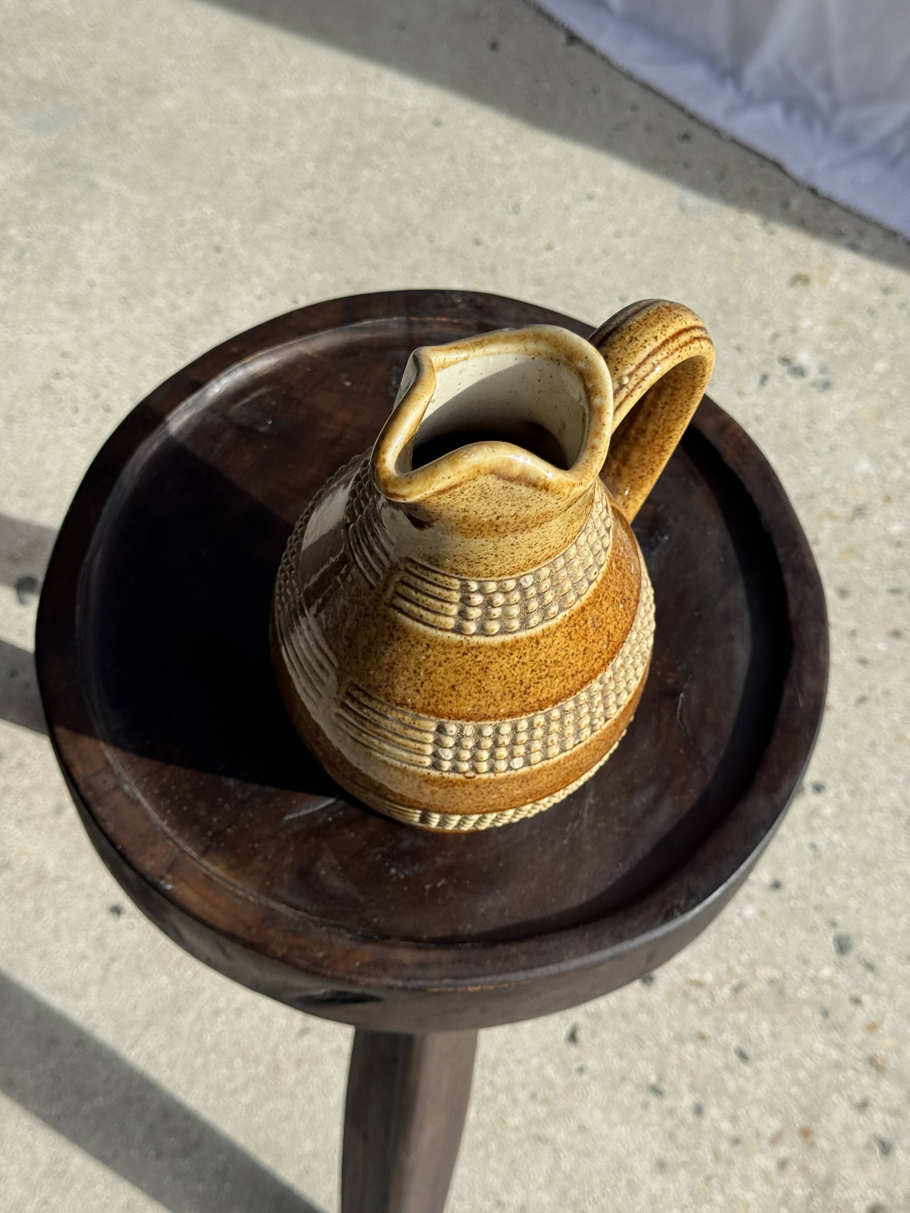 Vintage yellow stoneware carafe with beaded friezes Made in France H22