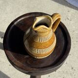 Vintage yellow stoneware carafe with beaded friezes Made in France H22