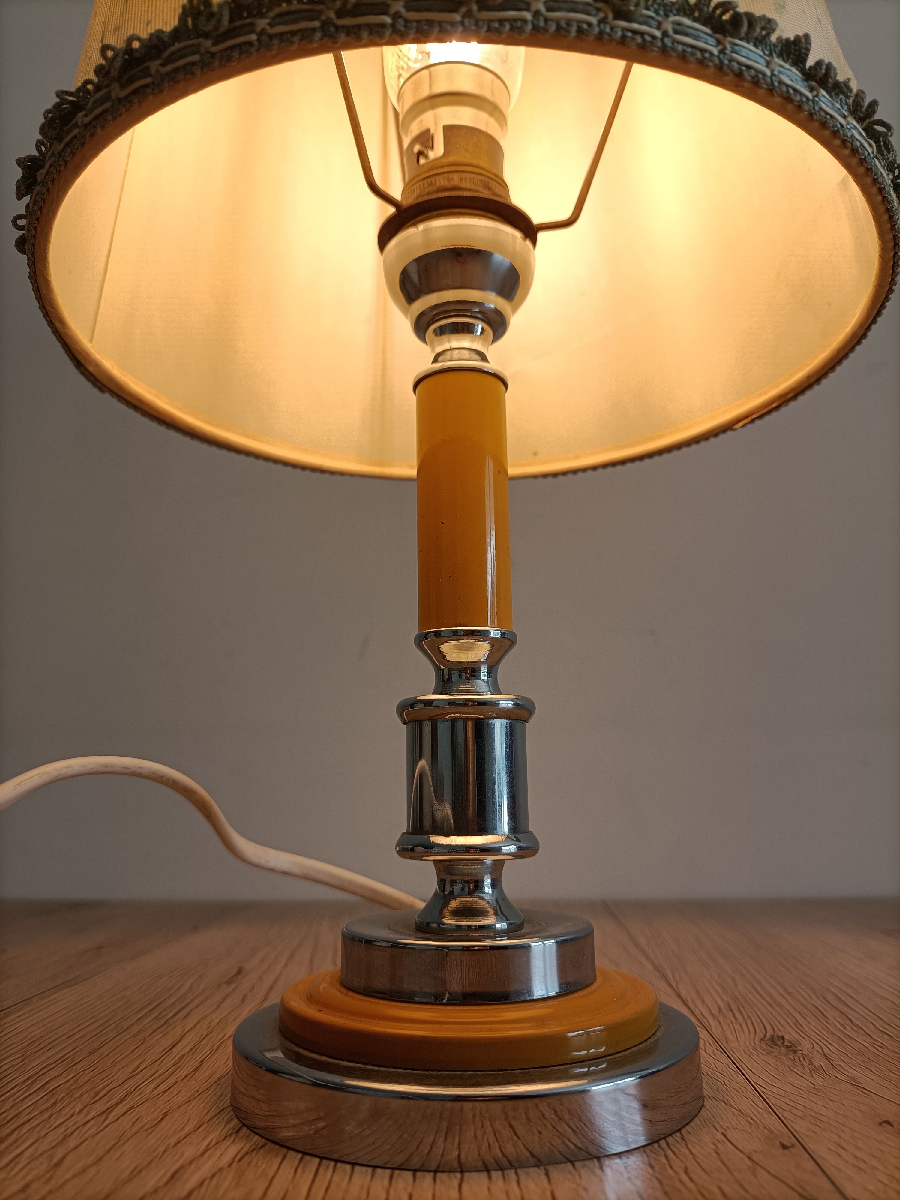 Solid brass candle holder lamp and vintage fabric