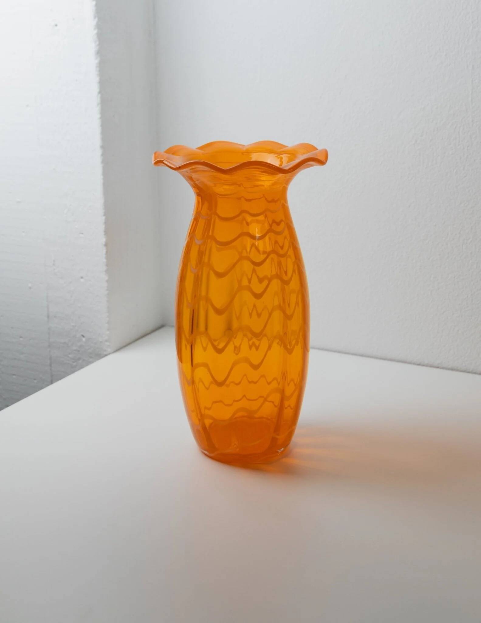 Orange Murano glass vase, XL 34cm, 1970s Italy, white stripes and wavy rim