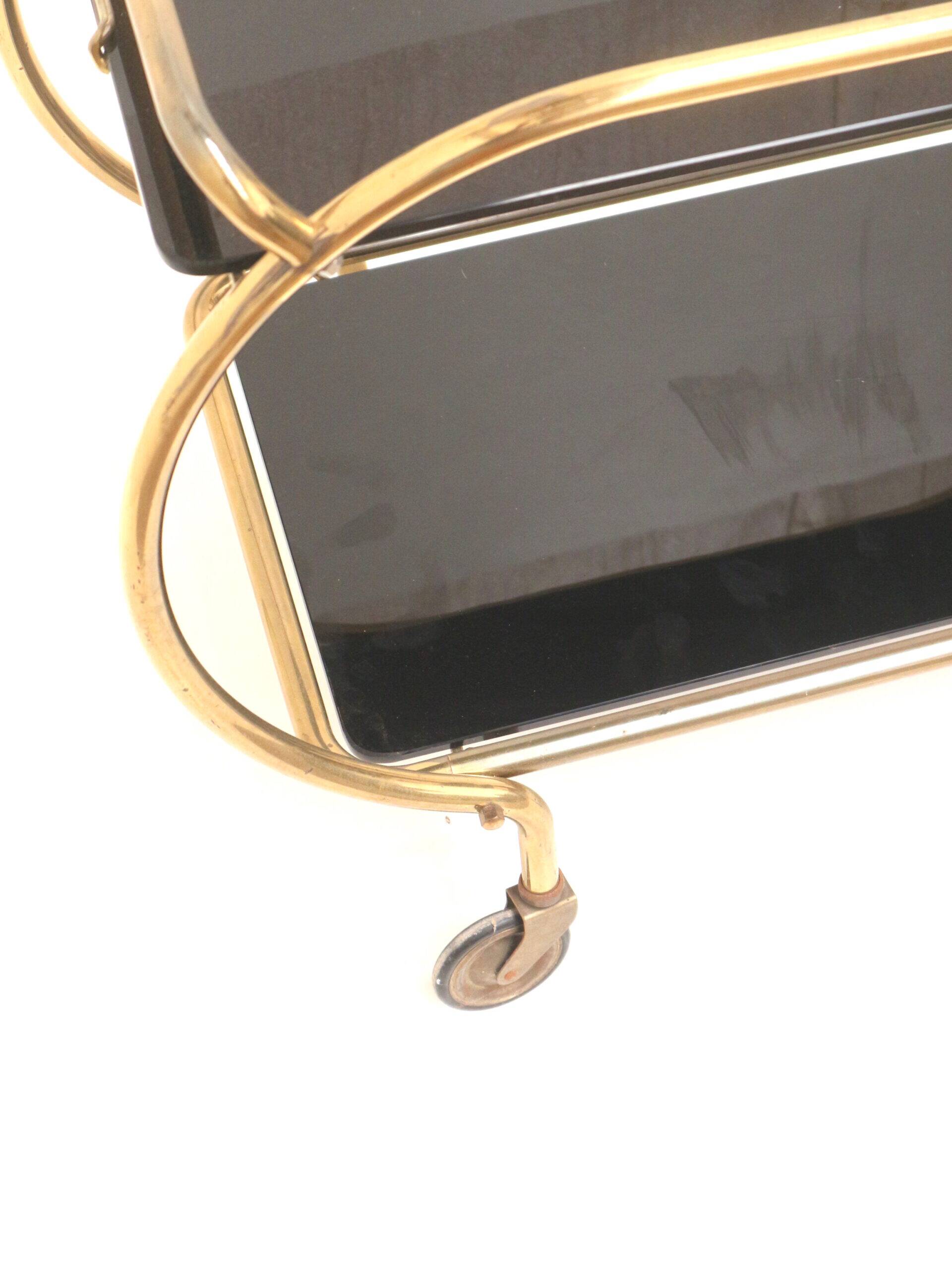 Brass and black glass bar cart / serving cart / side table by Grünstadt