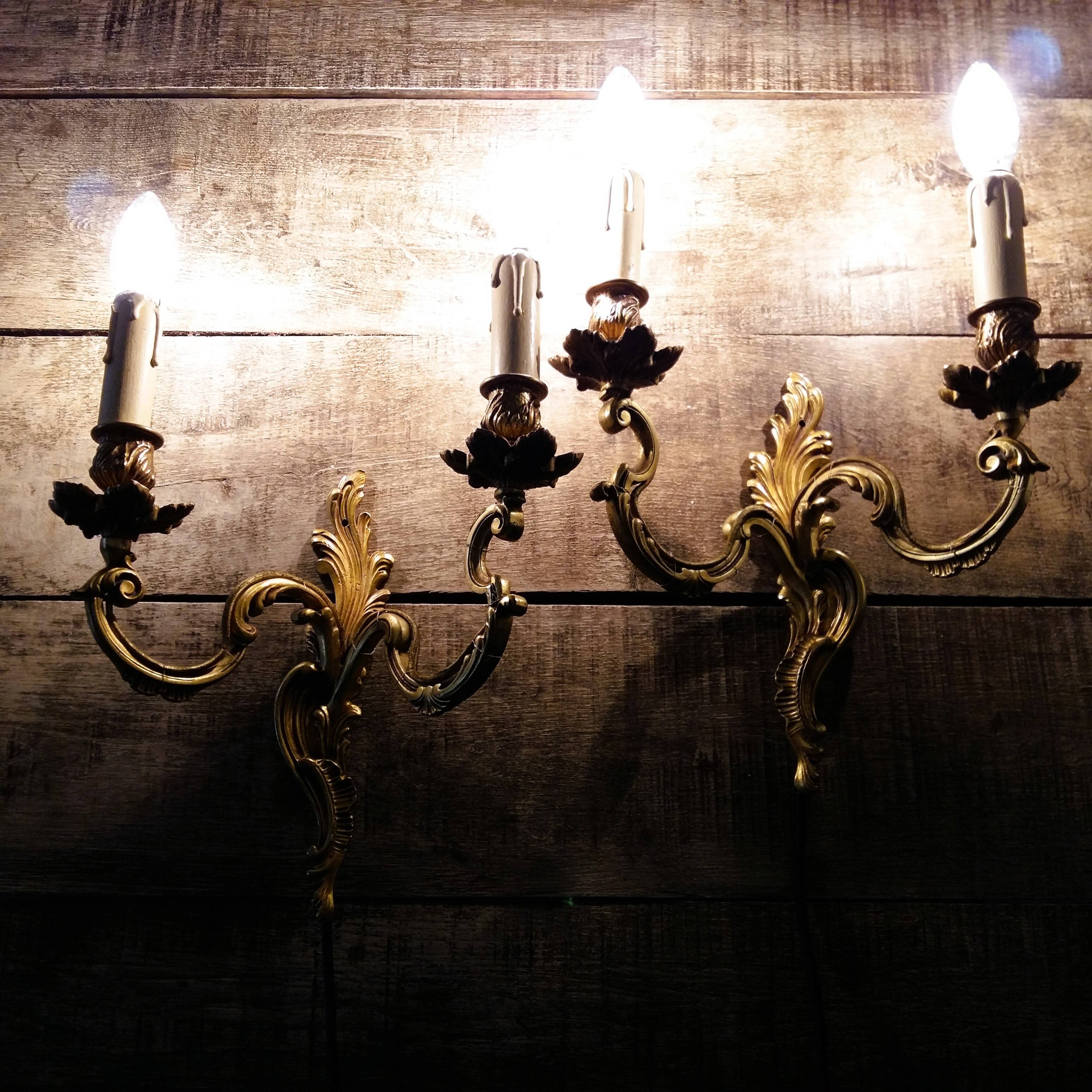 Pair of Heavy, French, Gold Bronze 2 Arm Wall Lights. Ornate Rococo/ Baroque/ Louis XV Style Sconces
