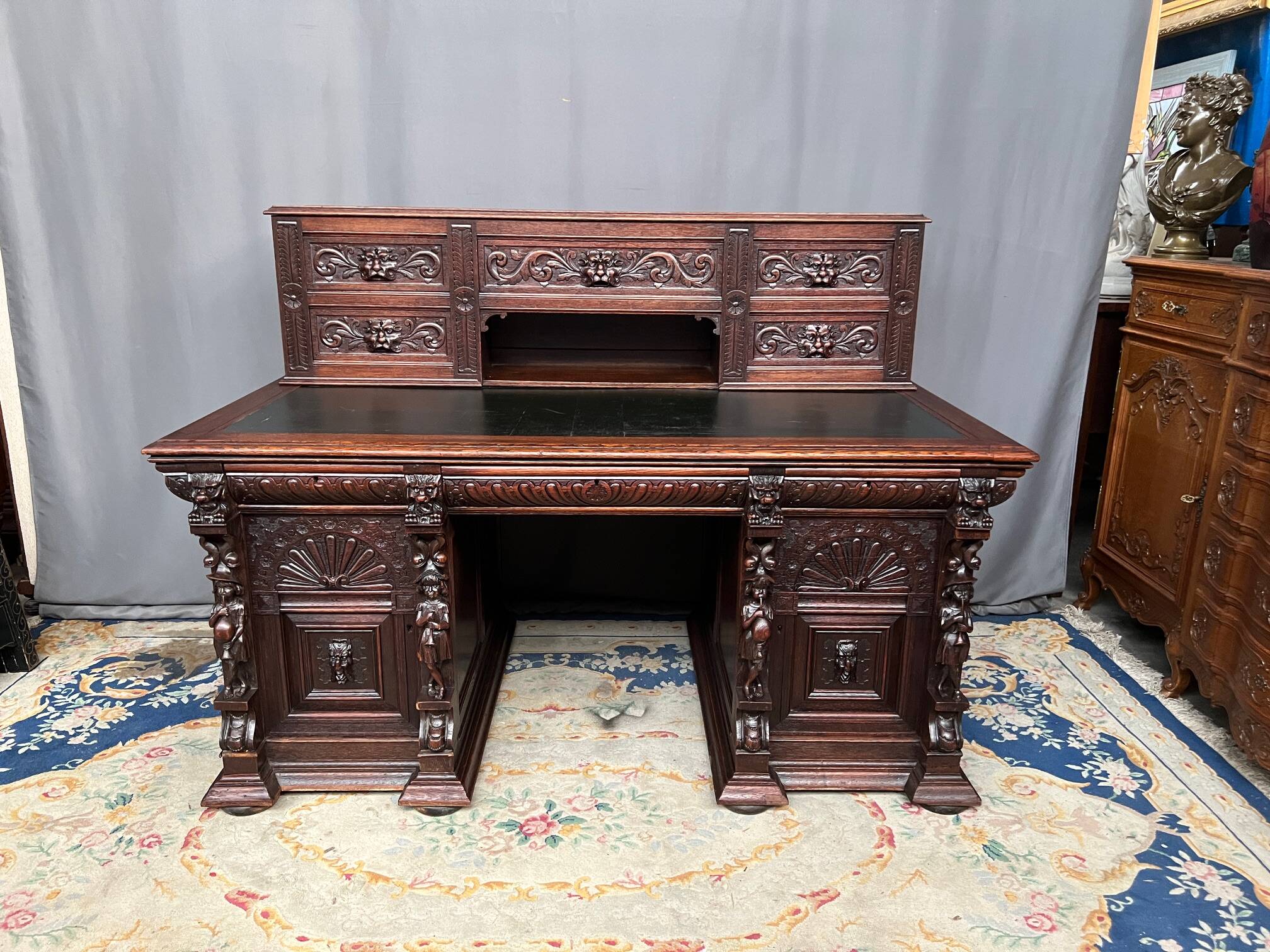 Old Renaissance style desk. Solid oak. France. Late 19th century.