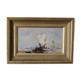 "Bateaux français sortant en mer" huile sur panneau, Bazil (XXe siècle)