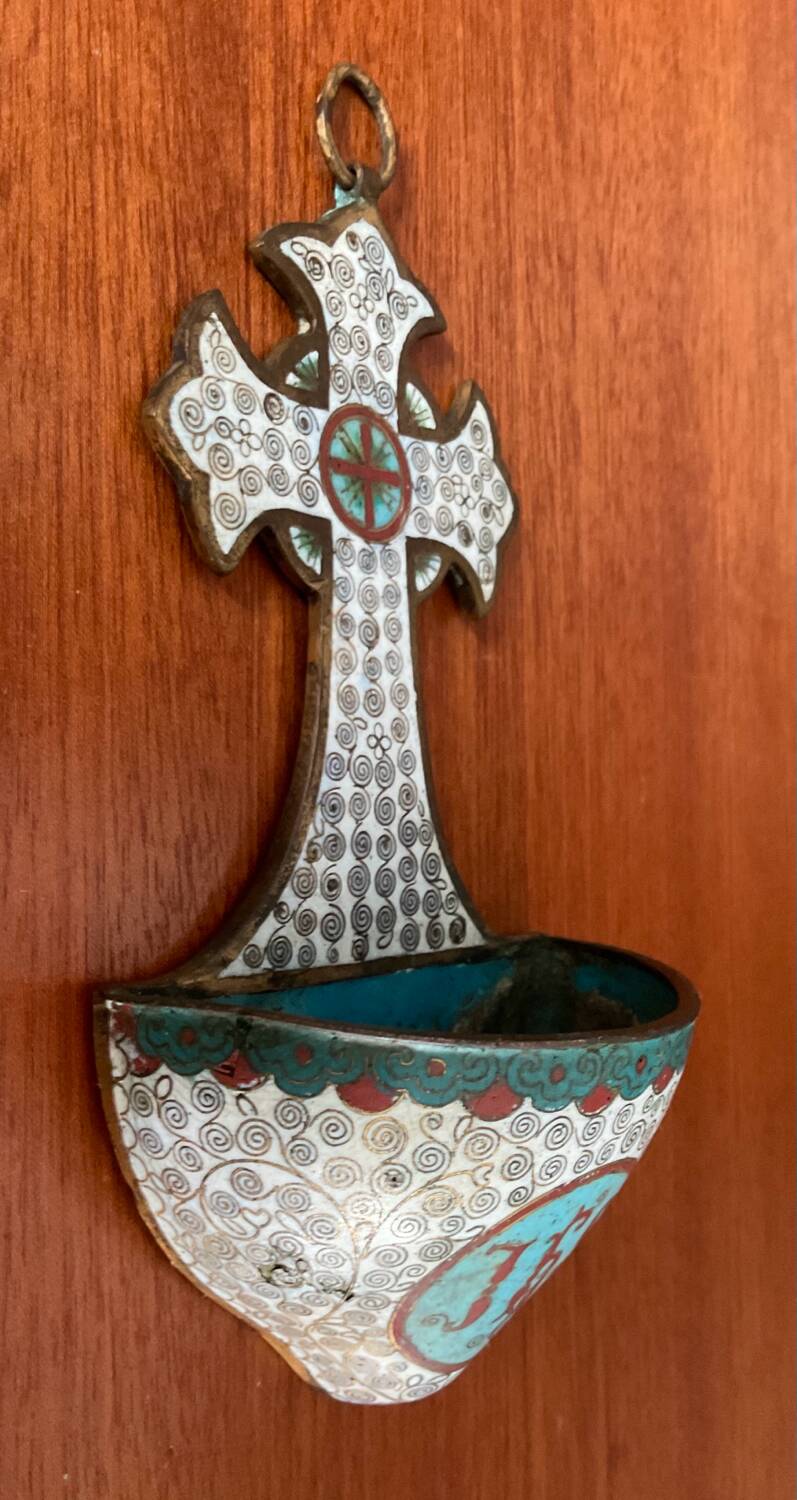 Ancient bronze and cloisonné enamel holy water font