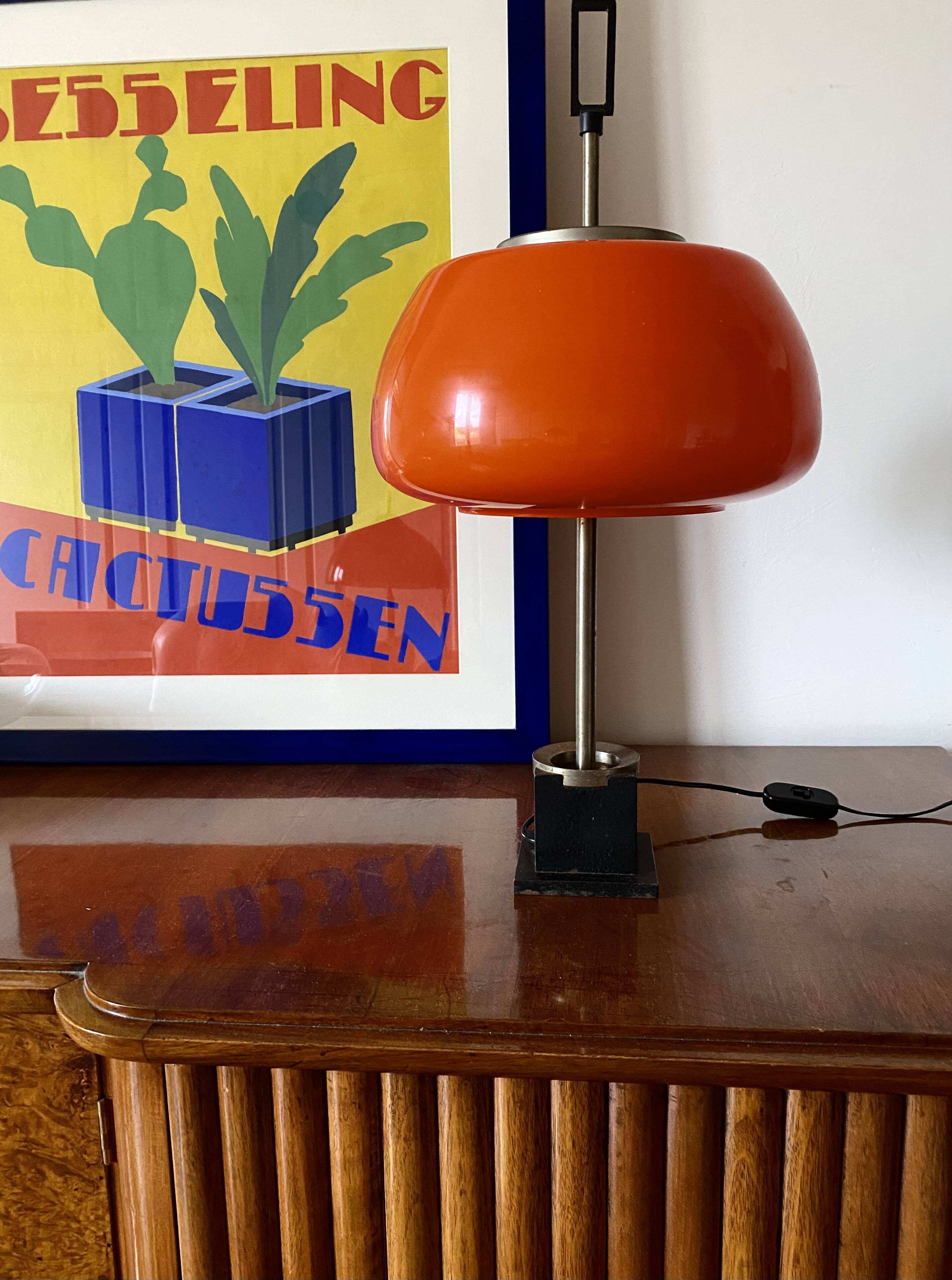 Oscar Torlasco, orange glass table / desk lamp, Prod. Lumi, 1960 ca.