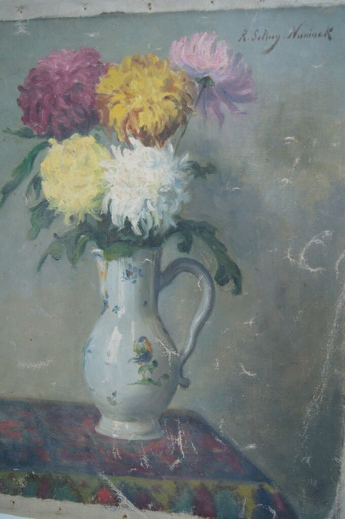 Still life with bouquet of flowers oil on canvas signed