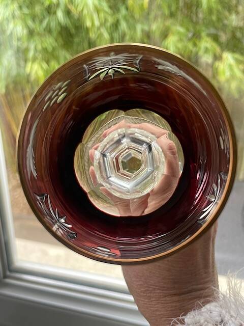 2 large cut and coloured Bohemian crystal glasses