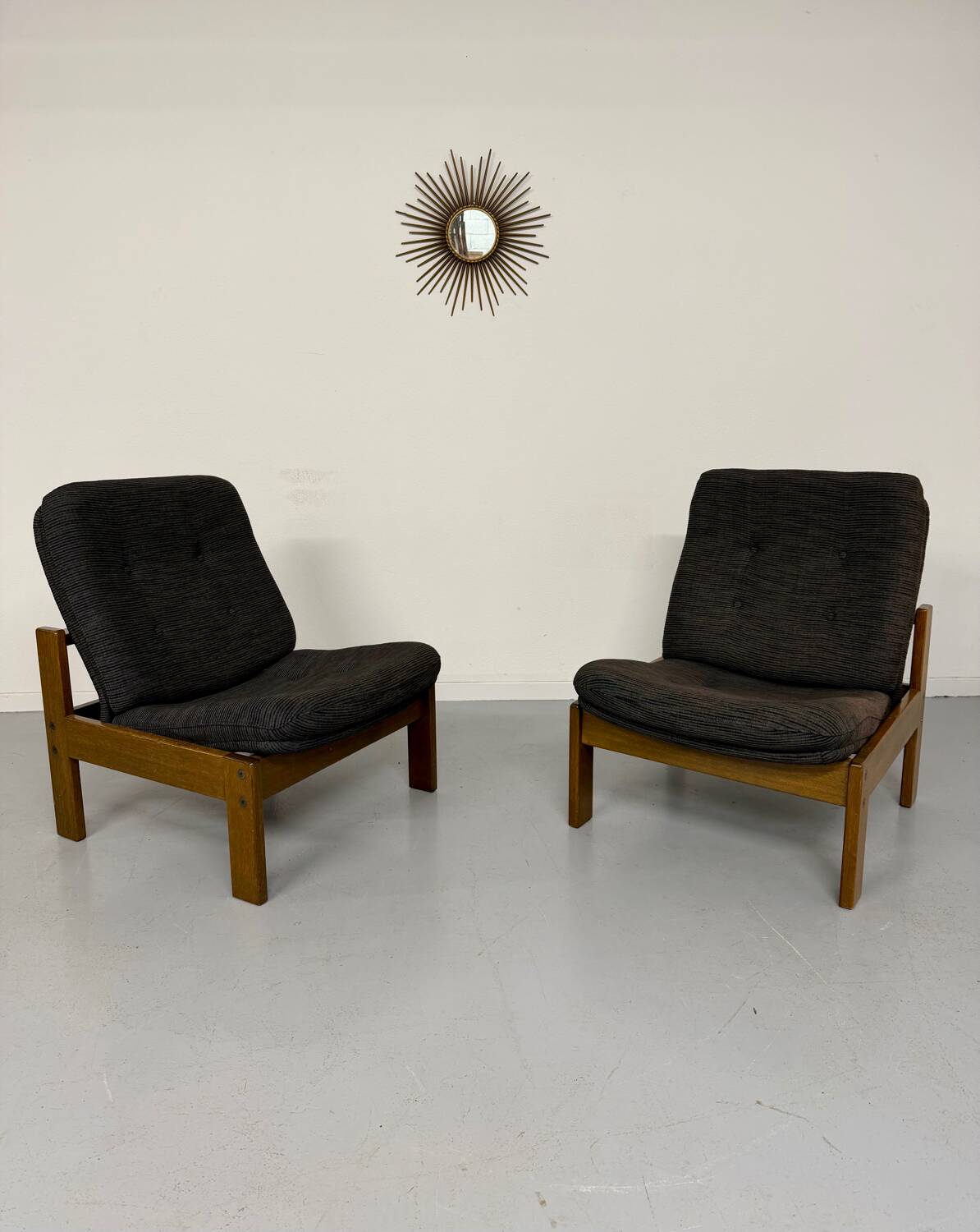 Lot of 2 adjustable wooden fabric chairs, Scandinavian design, vintage 1970s.