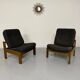 Lot of 2 adjustable wooden fabric chairs, Scandinavian design, vintage 1970s.