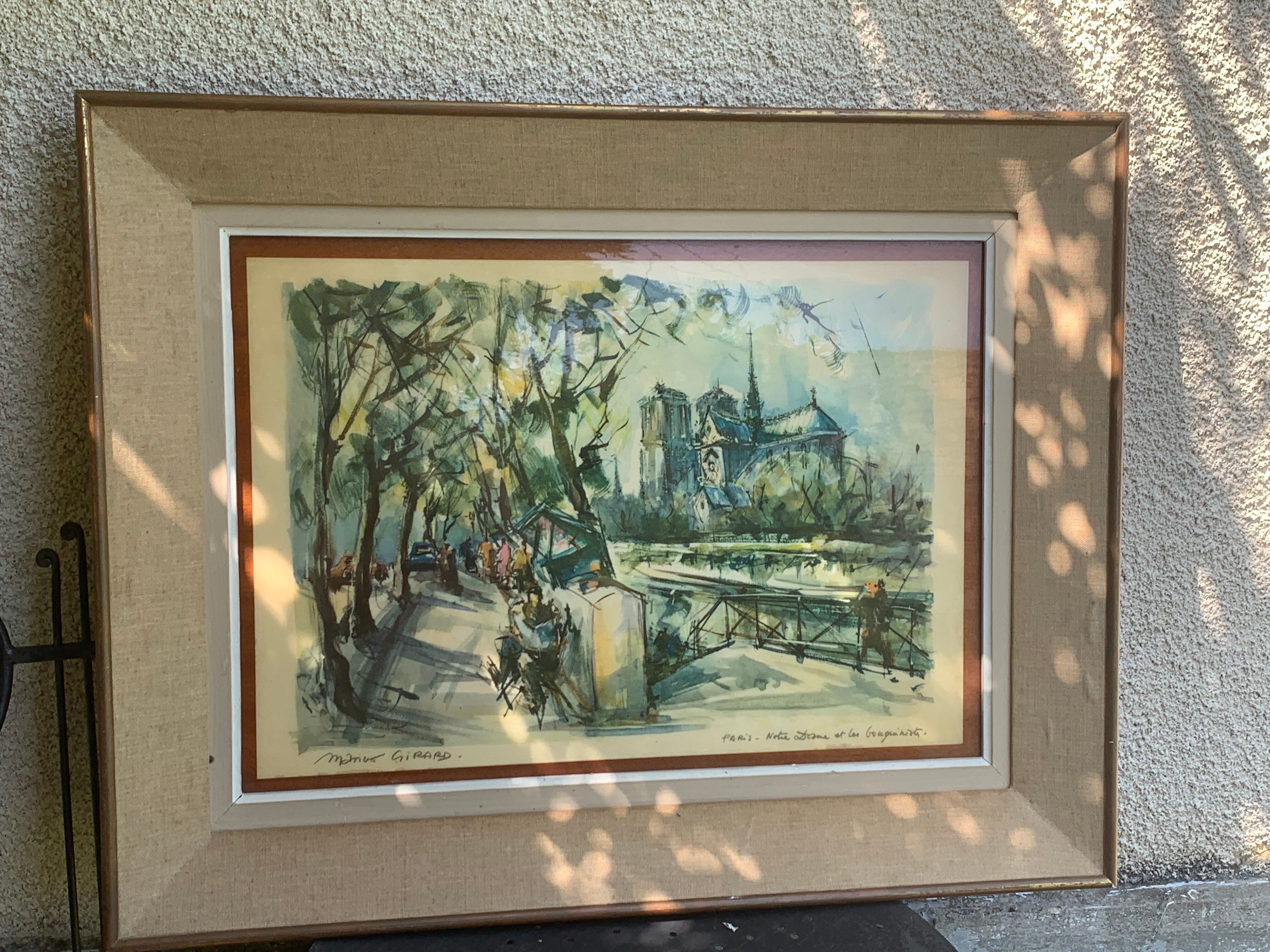 Lithograph notre dame et les bouquinistes signed by Marius Girard vintage