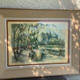 Lithograph notre dame et les bouquinistes signed by Marius Girard vintage