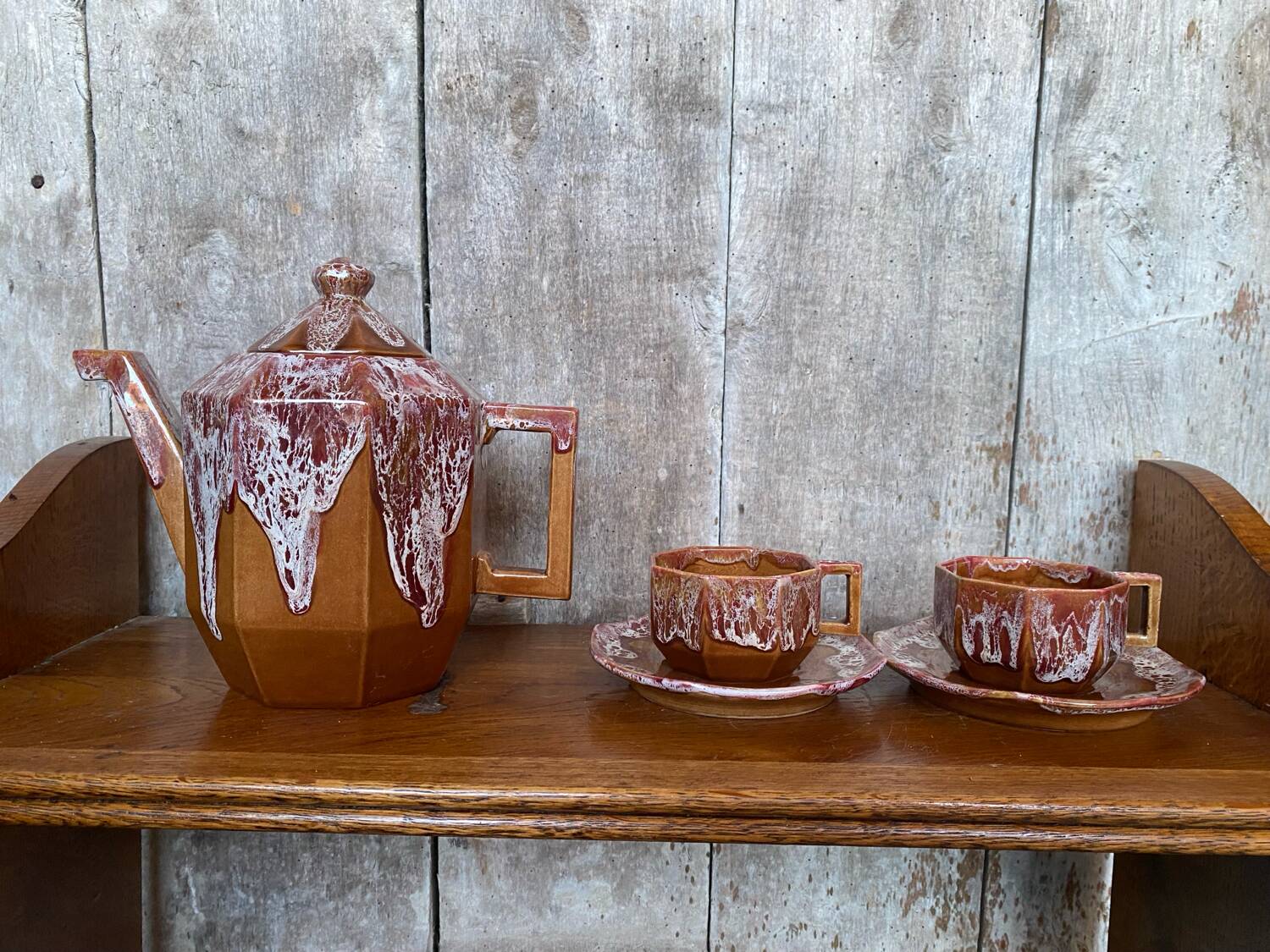 Antique gf art deco teapot flamed ceramic brown vintage